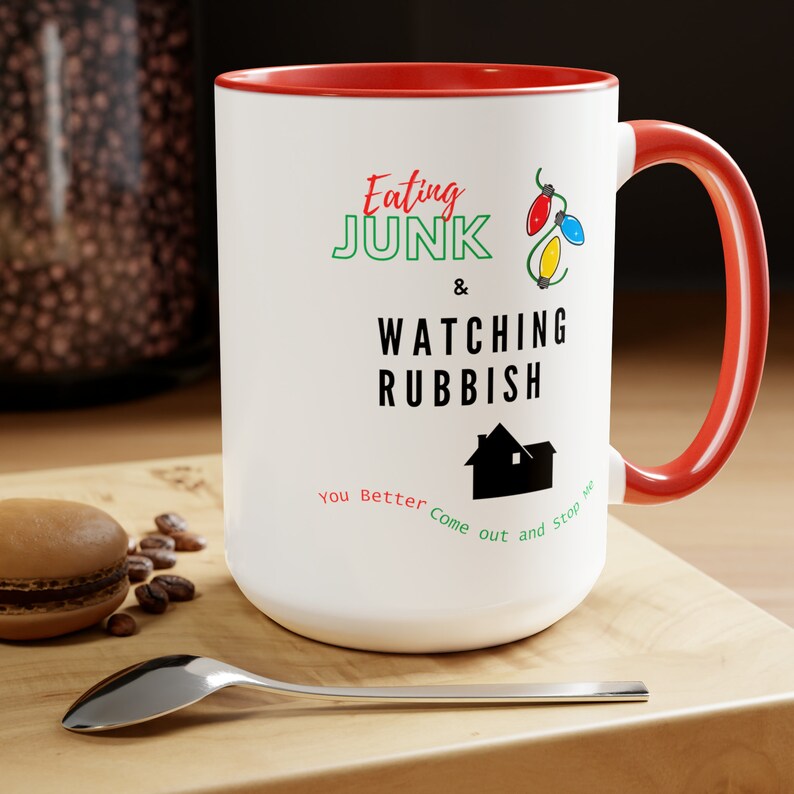 Eating Junk and Watching Rubbish Christmas Cocoa Mug Home Alone Coffee Mugs Kevin McCallister Coffee Cups Two-Tone Coffee Cocoa Mugs 15oz image 5