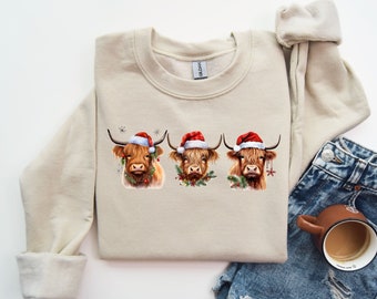 Cute Christmas Cows Sweatshirt Highland Cows Mooey Christmas Sweater Funny Christmas Cow Shirt Christmas Highland Cow Crewneck Sweatshirt