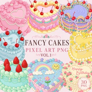 Pixelkonst i PNG-format med fancy cake-motiv, volym 1 | 30 clipartfiler med pastellfärgade retro-födelsedagstårtor för digitala klistermärken