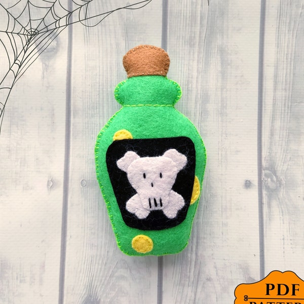 Halloween Poison pattern, Halloween bottle ornament tutorial, Felt halloween patterns, Easy felt pattern, Poison DIY Halloween Ornament