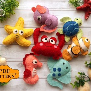 Sea animals pattern, Sea creatures pattern, Felt animals pattern, Felt sewing pattern, Starfish, Clownfish, Turtle, Crab, Stingray, Axolotl