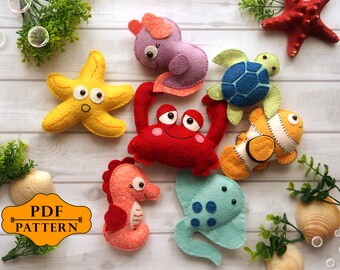 Sea animals pattern, Sea creatures pattern, Felt animals pattern, Felt sewing pattern, Starfish, Clownfish, Turtle, Crab, Stingray, Axolotl