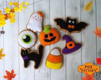 Halloween Felt Sewing Pattern, Halloween Felt ornaments PDF, Felt Halloween Patterns Tutorials, Halloween Garland Ghost, Pumpkin, Witch hat