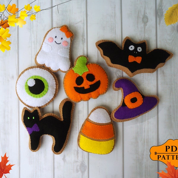 Halloween Felt Sewing Pattern, Halloween Felt ornaments PDF, Felt Halloween Patterns Tutorials, Halloween Garland Ghost, Pumpkin, Witch hat