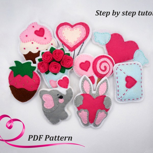 Felt Valentines day ornaments patterns and tutorial, Felt elephant pattern, Felt bunny pattern, Felt heart pattern, balloon, flowers, letter