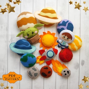 Space felt pattern ornament - Easy step by step Instruction how to sew 14 felt ornaments, Galaxy garland, DIY Planets, Astronaut, Alien