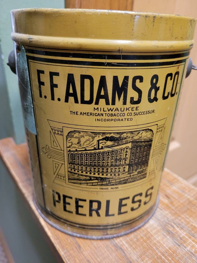 FF Adams & Co Peerless Tobacco Tin Pail With Partial Tax Stamp. No Lid Has  Bail Handle