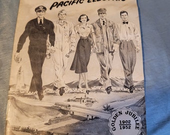 May include: A black and white image of five people walking down a street. The people are wearing clothing from the 1950s. The image is a vintage advertisement for Pacific Electric. The text on the image reads "This is Pacific Electric" and "Golden Jubilee 1902-1952 P.E."