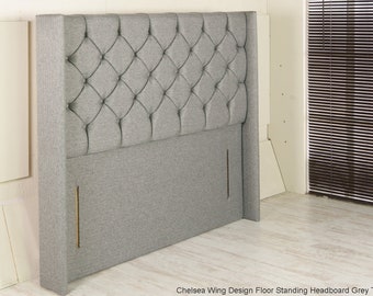 Chelsea Wing Floor Standing Headboard. Available in Crushed & Soft Velvet, Chenille, Linen or Faux Suede Fabrics