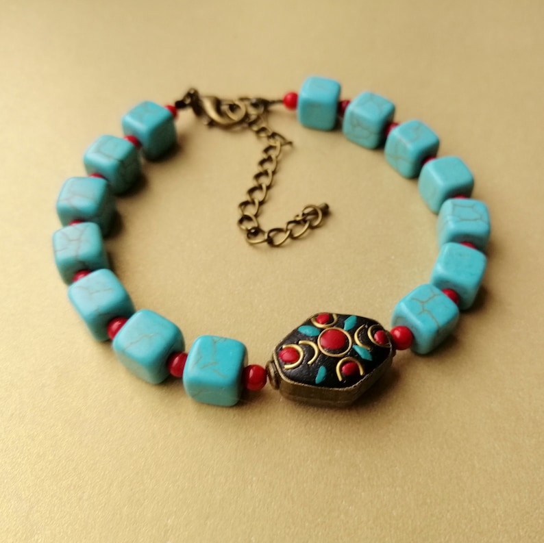 Turquoise cube /& coral beads bracelet Tibetan turquoise coral enamel beaded bracelet Red blue natural gemstone ethnic bracelet