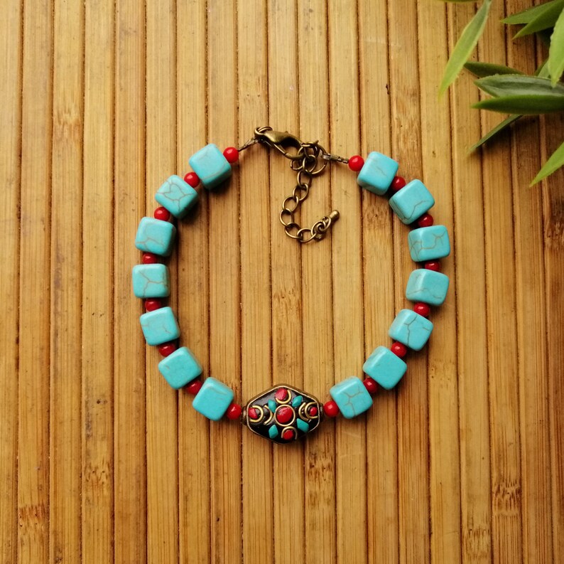 Turquoise cube /& coral beads bracelet Tibetan turquoise coral enamel beaded bracelet Red blue natural gemstone ethnic bracelet