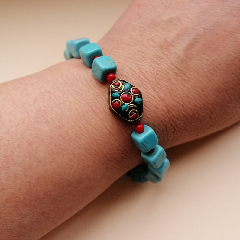Turquoise cube /& coral beads bracelet Tibetan turquoise coral enamel beaded bracelet Red blue natural gemstone ethnic bracelet