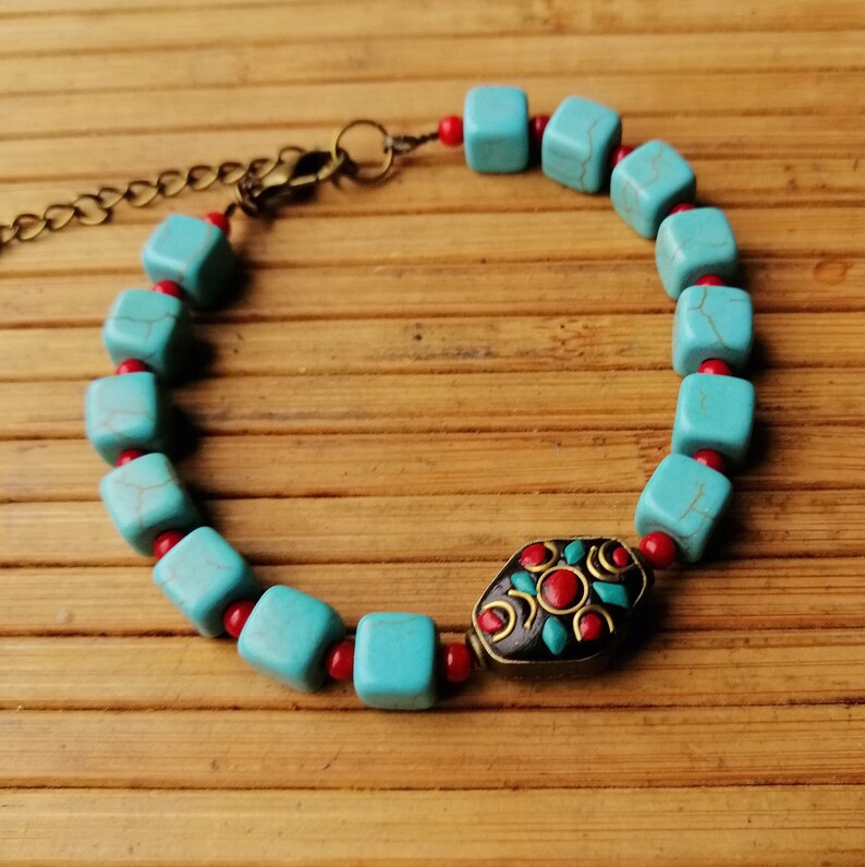 Turquoise cube /& coral beads bracelet Tibetan turquoise coral enamel beaded bracelet Red blue natural gemstone ethnic bracelet