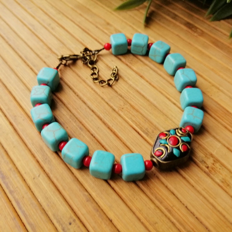 Turquoise cube /& coral beads bracelet Tibetan turquoise coral enamel beaded bracelet Red blue natural gemstone ethnic bracelet