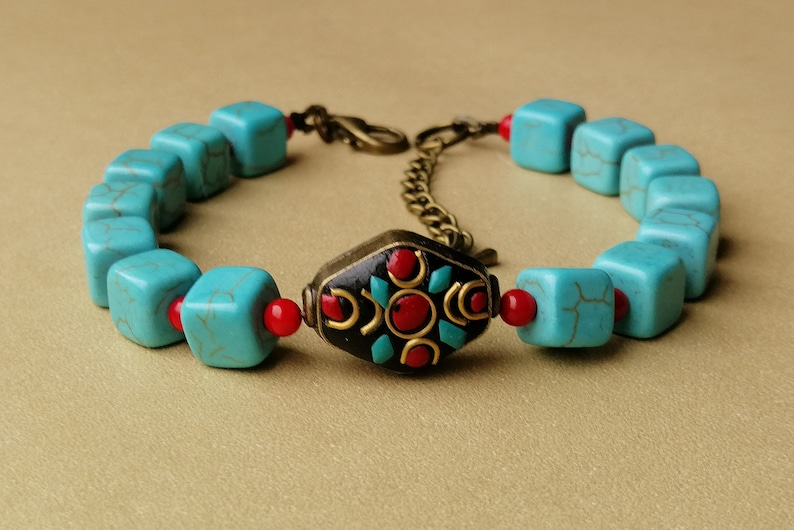 Turquoise cube /& coral beads bracelet Tibetan turquoise coral enamel beaded bracelet Red blue natural gemstone ethnic bracelet