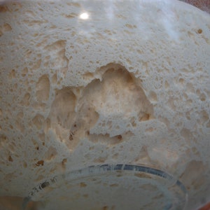 Könnte beinhalten: Nahaufnahme von einem weißen Teig, der in einer Glasschüssel aufgeht. Der Teig ist mit Blasen bedeckt und hat eine leichte, luftige Textur.