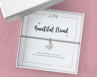 Beautiful Friend Friendship Bracelet. Birthday Gifts For Women. Beaded Silver Jewellery with Butterfly Charm and Gift Bag