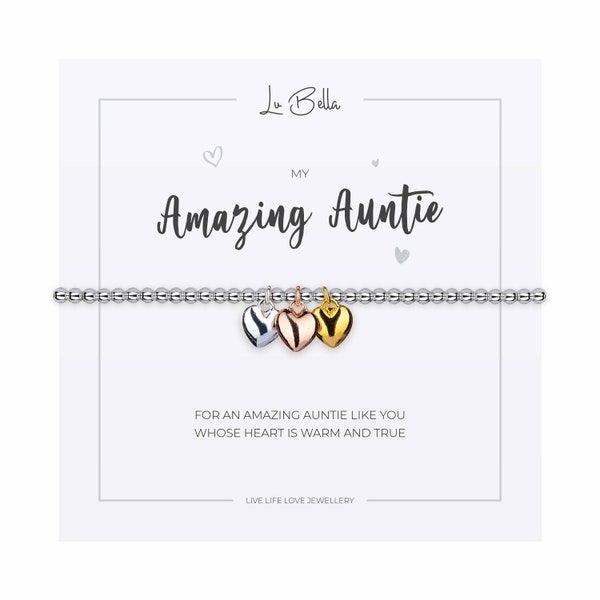 My Amazing Auntie Friendship Bracelet For Women. Beaded Silver Jewellery with Heart Charms and Gift Bag