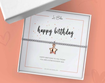 Happy Birthday Gift Bracelet For Women. Adjustable Rose Gold Jewellery with Star Charm and Gift Bag