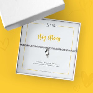 Stay Strong Grief / Positivity Bracelet For Women. Beaded Silver Jewellery with Lightning Bolt Charm and Gift Bag