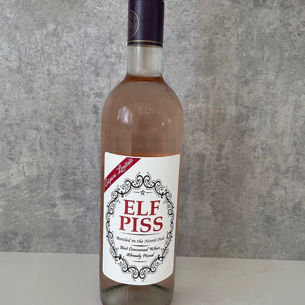 2 x ELF P!ss Christmas Funny Novelty Wine Bottle Labels Joke Humour secret santa