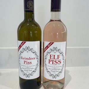 1 REINDEER P!ss & 1 ELF P!ss Christmas Funny Novelty Wine Bottle Labels Joke Humour secret santa