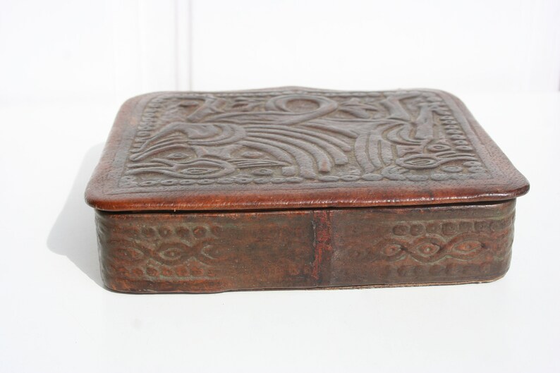 Leather Jewelry Box with Dragons \u2022 Vintage Trinket Box \u2022 Handmade Embossed Brown Leather Box Sewing Box Square Shaped Ring Holder Home Decor