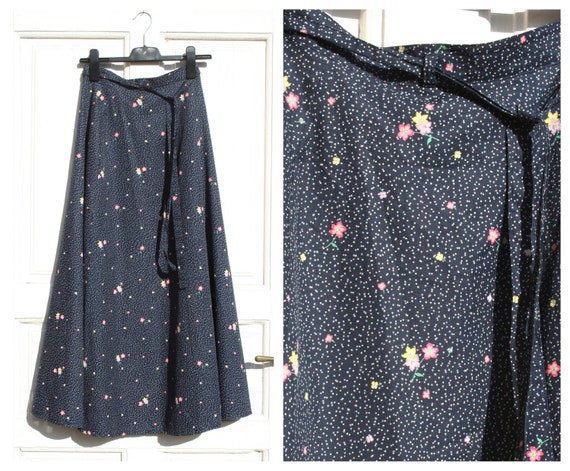 Vintage Maxi Skirt • Dark Blue Floral Skirt • 80s