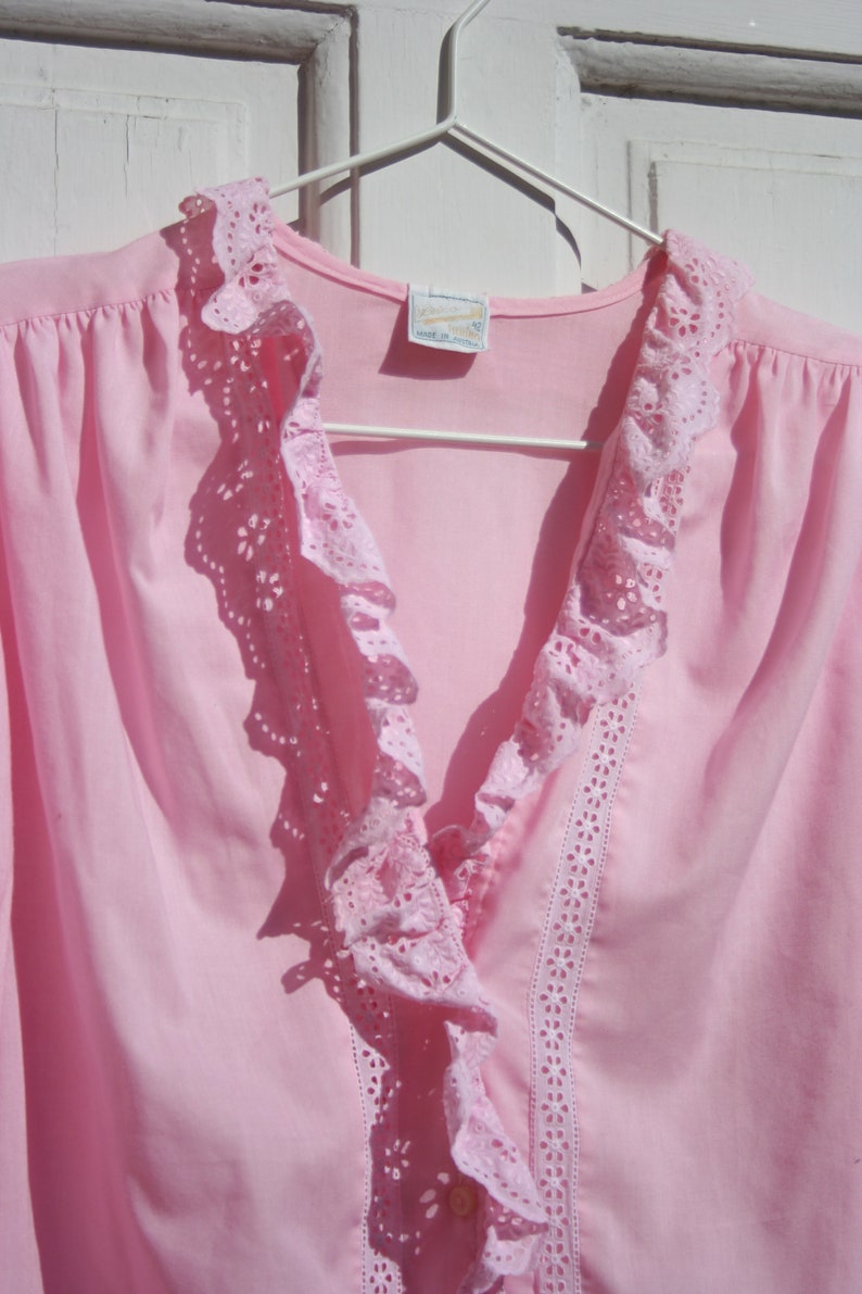 Vintage Victorian Blouse L \u2022 Lacy Pink Frilled Shirt for Women \u2022 Pastel Baby Pink Ruffle Blouse Romantic Drindl Clothing Austria Boho Frilly