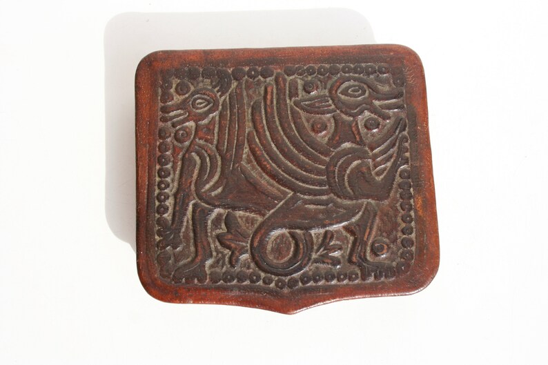Leather Jewelry Box with Dragons \u2022 Vintage Trinket Box \u2022 Handmade Embossed Brown Leather Box Sewing Box Square Shaped Ring Holder Home Decor
