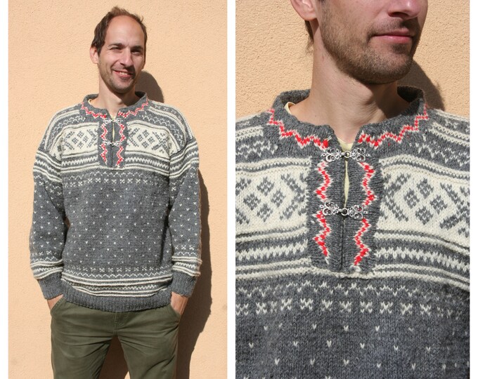 Vintage Wool Knit Nordic Sweater Men L Handmade Thickknit Etsy