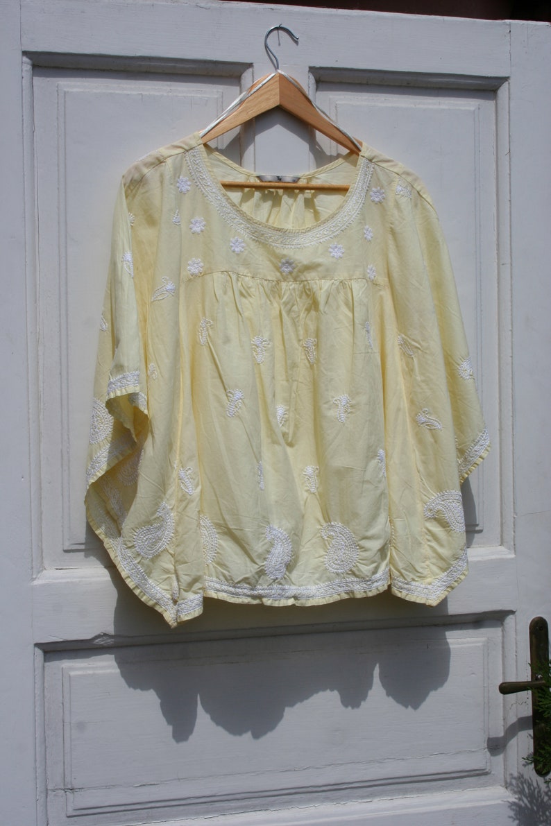 Vintage Hippie Caftan Top Women SM \u2022 Vintage Corn Yellow Caftan \u2022 Yellow Hippie Shirt Women \u2022 Embroidered Summer Blouse \u2022 Batwing Top SM