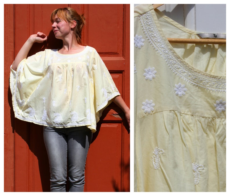 Vintage Hippie Caftan Top Women SM \u2022 Vintage Corn Yellow Caftan \u2022 Yellow Hippie Shirt Women \u2022 Embroidered Summer Blouse \u2022 Batwing Top SM