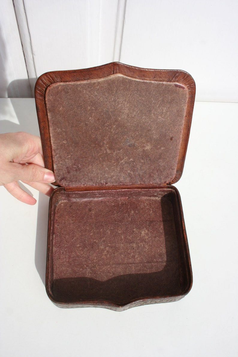 Leather Jewelry Box with Dragons \u2022 Vintage Trinket Box \u2022 Handmade Embossed Brown Leather Box Sewing Box Square Shaped Ring Holder Home Decor