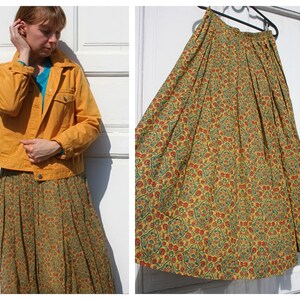 90s Floral Pleated Skirt • Earth Toned Maxi Skirt • Mustard Pleated Skirt • 1990s Mesh Skirt • Flower Print Broomstick Skirt Cotton Earthy