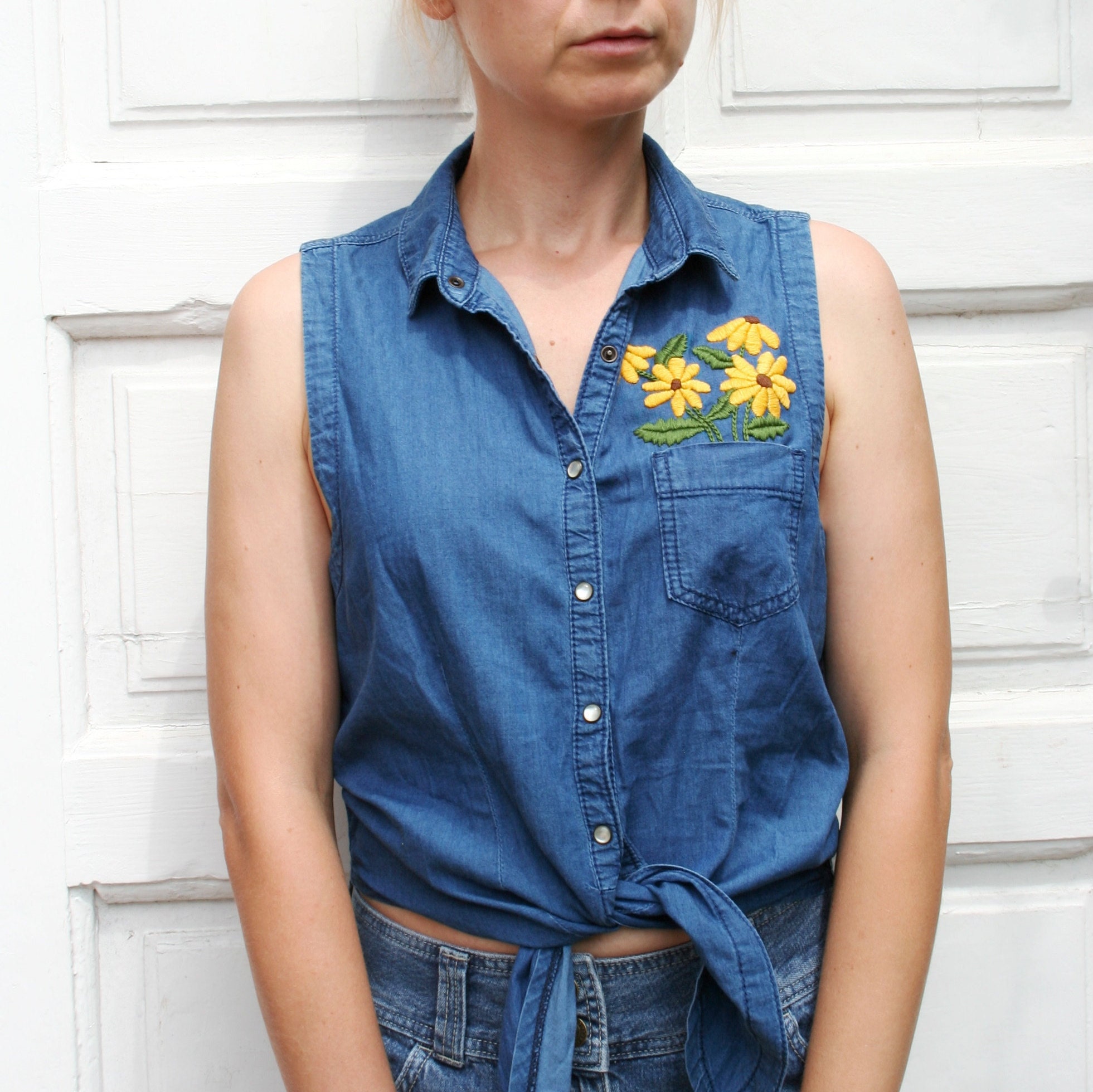 Hand Embroidered Button up Denim shirt women M Sleeveless Etsy