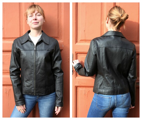 Black Leather Jacket Women M • Vintage Leather Jac