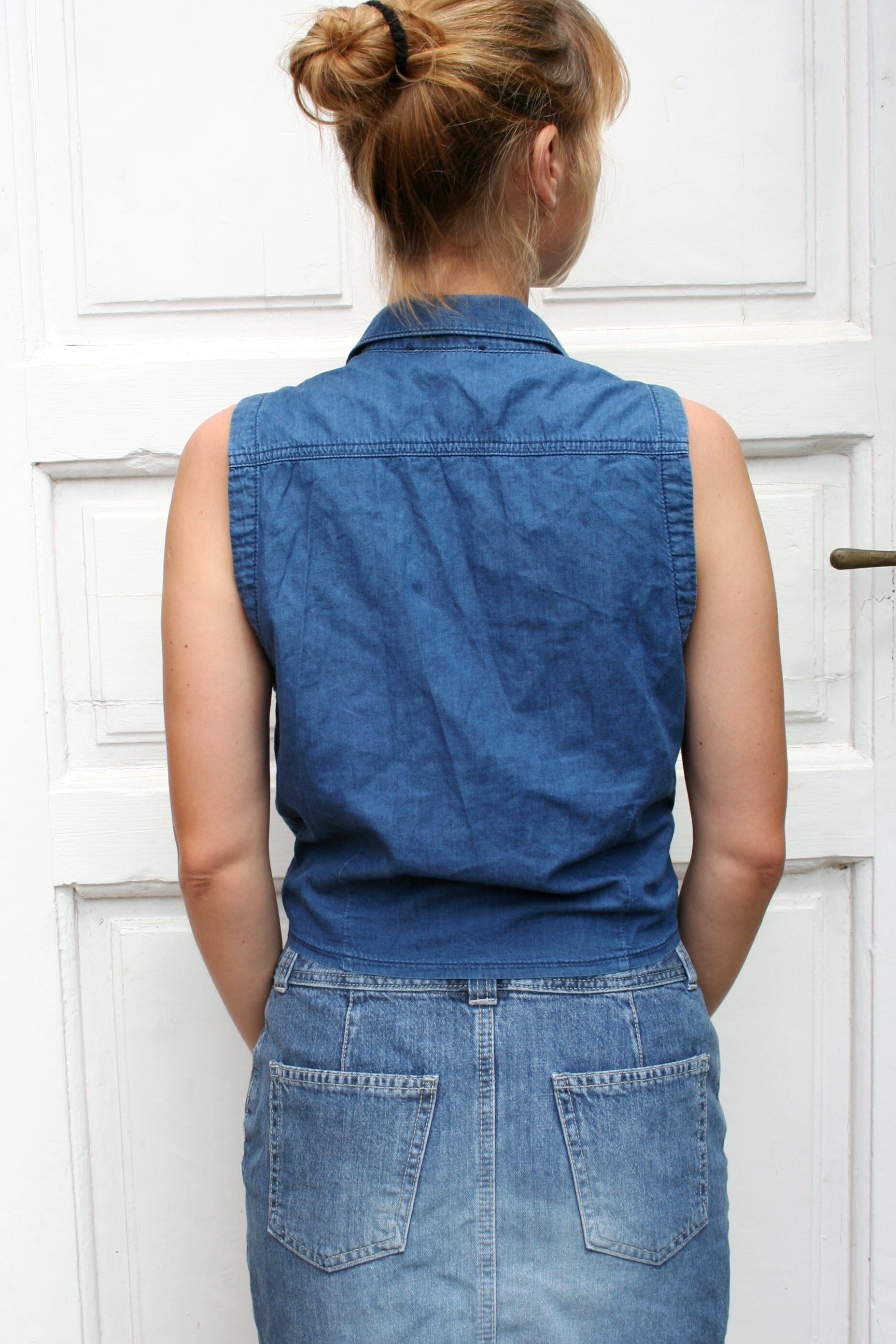 Hand Embroidered Button up Denim shirt women M Sleeveless Etsy