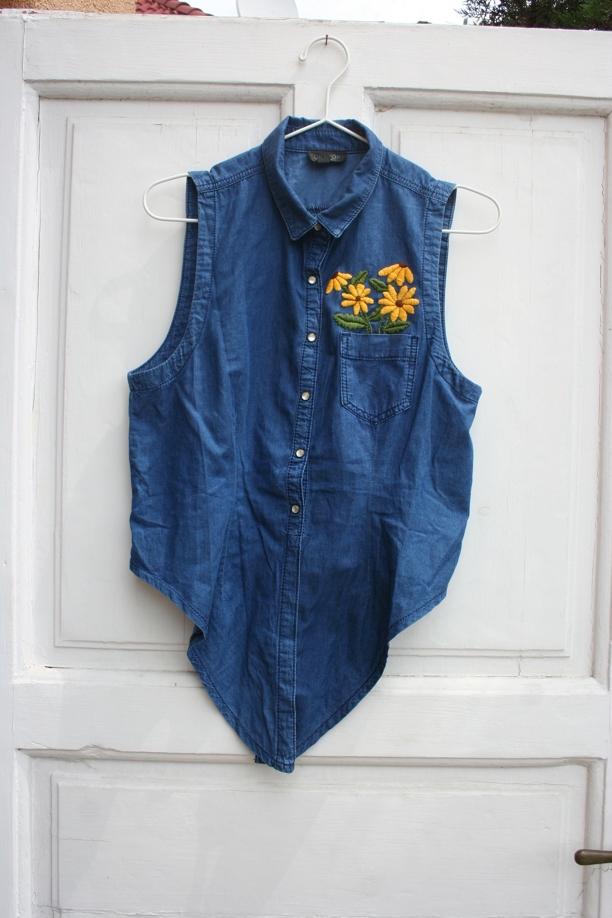 Hand Embroidered Button up Denim shirt women M Sleeveless Etsy