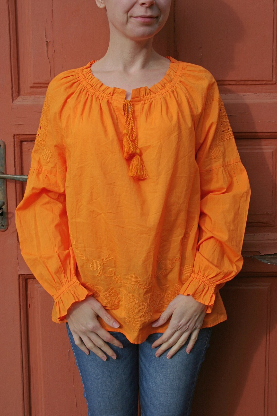 Yellow Peasant Blouse L Vintage Embroidered Shirt Women Etsy