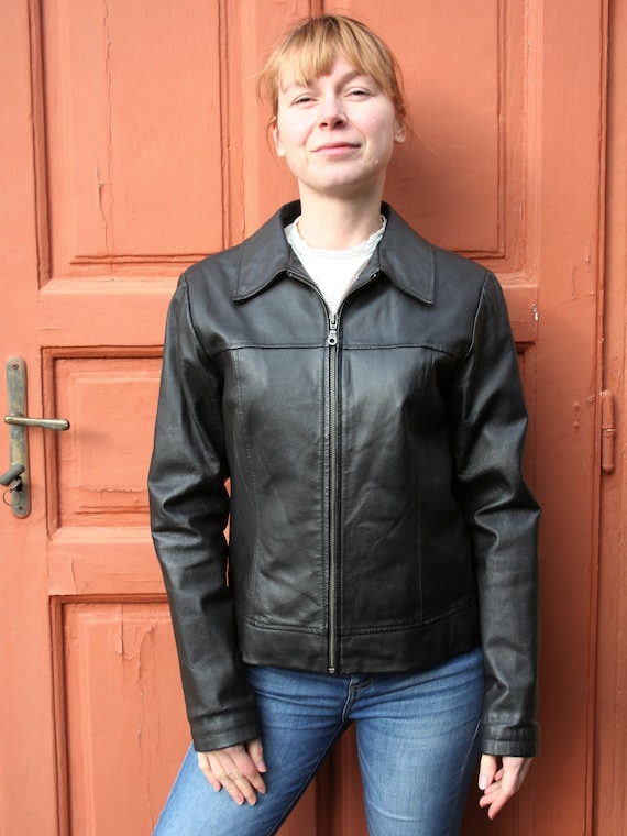Vintage Black Leather Jacket Women M • 90s Leather
