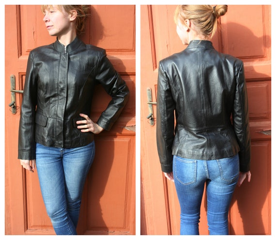 Leather Jacket Women M Vintage Black 