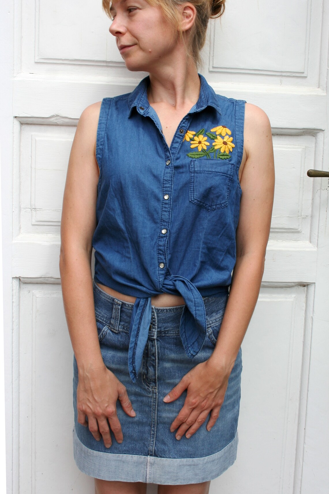 Hand Embroidered Button up Denim shirt women M Sleeveless Etsy