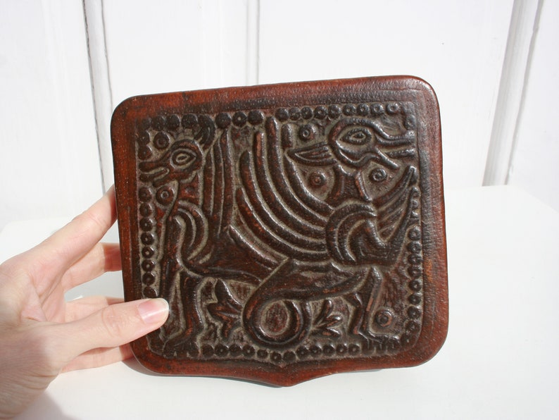 Leather Jewelry Box with Dragons \u2022 Vintage Trinket Box \u2022 Handmade Embossed Brown Leather Box Sewing Box Square Shaped Ring Holder Home Decor