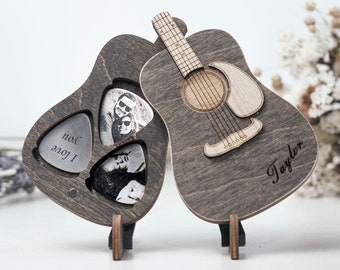 Guitar picks, Personalized pick, Gift for Him, Fathers day gift, Wooden guitar pick, Box for guitar picks, Pick case