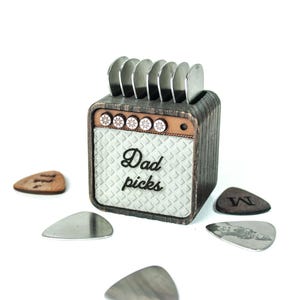 Gepersonaliseerde houten plectrumhouder, cadeau voor hem, versterkervormige plectrumhouder