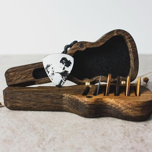 Handmade Wooden Guitar Pick Holder – Engraved Custom Picks Inside