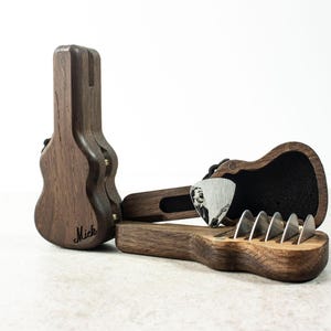 Conjunto de porta-palhetas de guitarra de madeira personalizado: presente gravado para músicos no Natal.