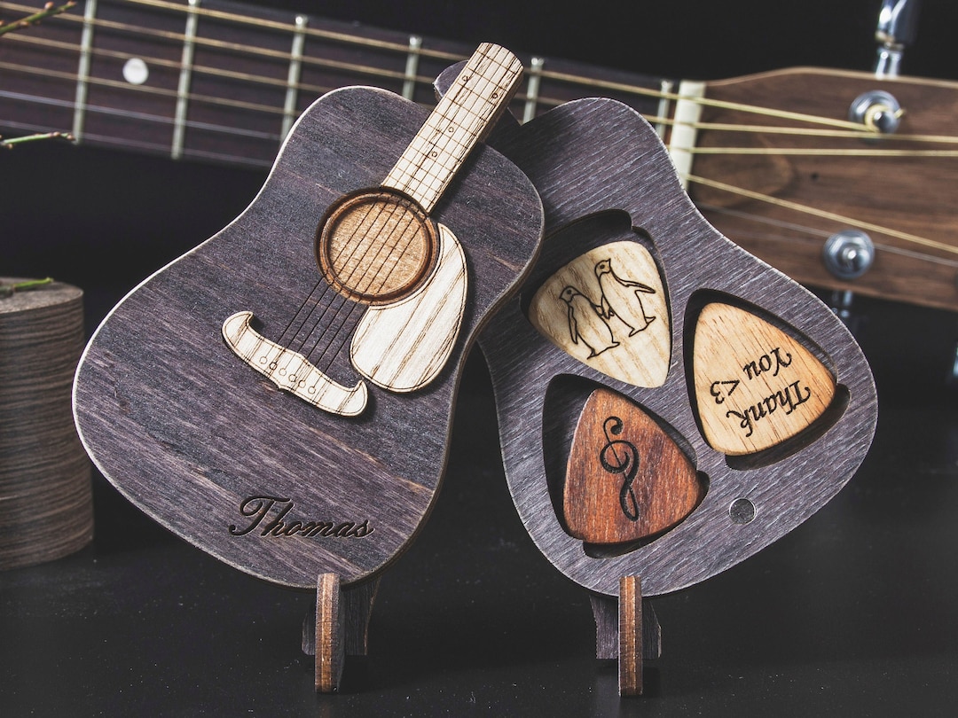 Lot De 3 Médiators De Guitare En Bois Personnalisés Avec Un étui De Rangement, Boîte De Support