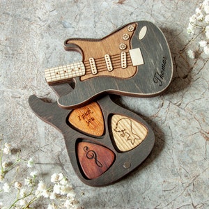 Personalised picks with case, Wooden picks holder, Guitar shape pick case